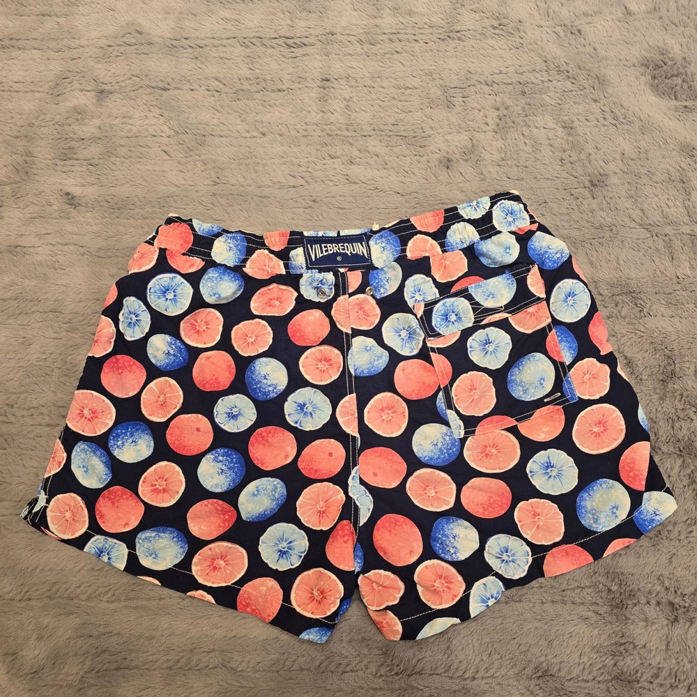 Vilebrequin Moorea Swim Trunks Mens XL Navy Blue Pink Citrus Fruit Print Shorts - Picture 2 of 5